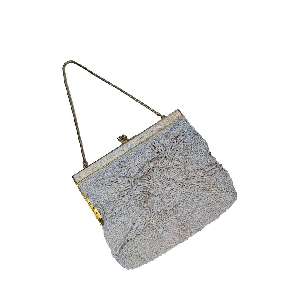 Vintage 50s 60s Beaded Embroidered Purse  Kiss Lock Clasp Metal Frame Handmade